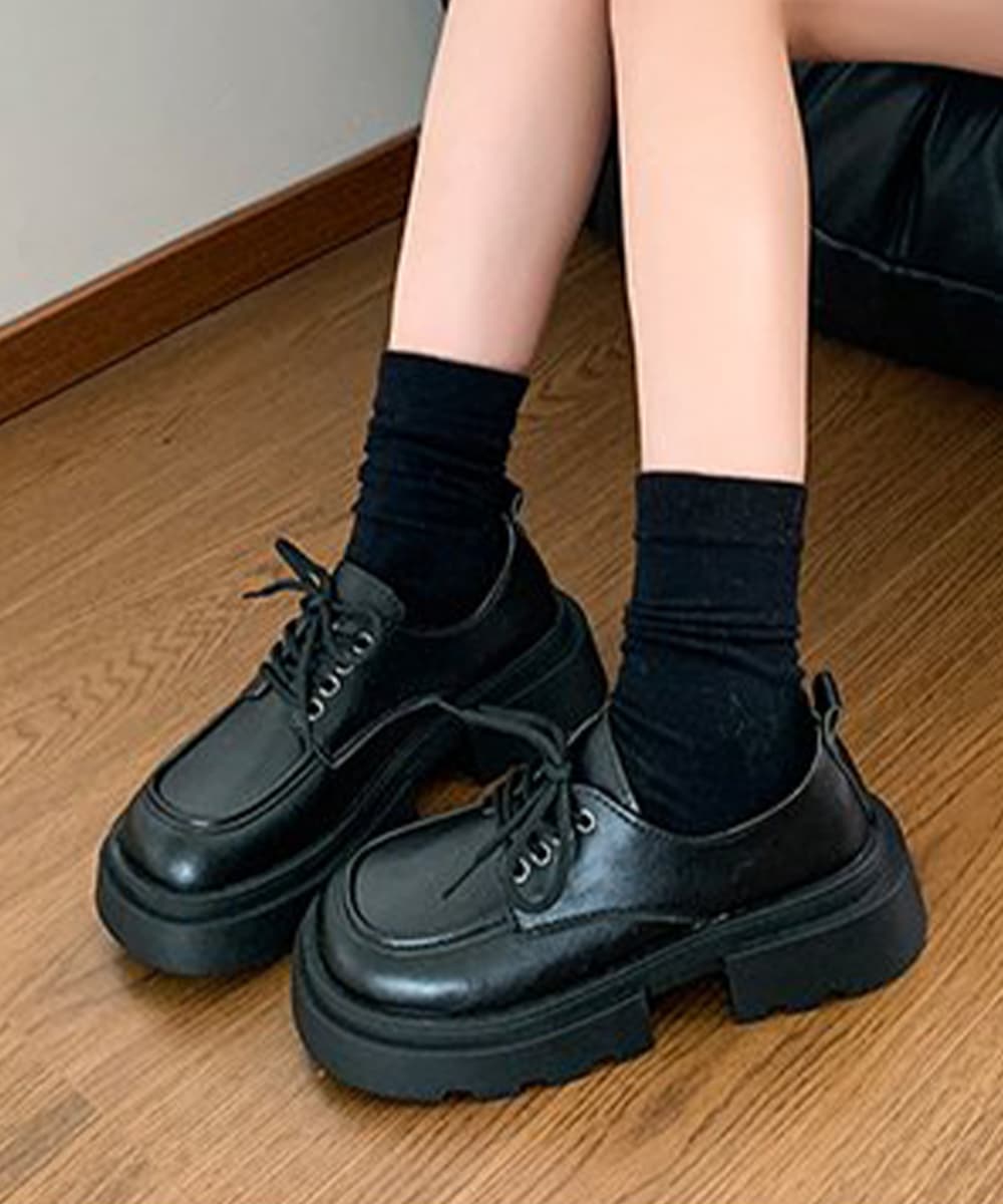 【レザー調×編み上げデザイン×学院風】+5.7cm厚底脚長ローファー