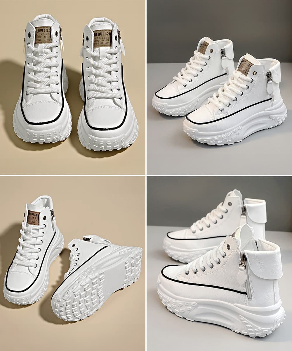 【美脚レザー調 × サイドジップ × ミリタリーテイスト】+5cm厚底 ハイカットスニーカー