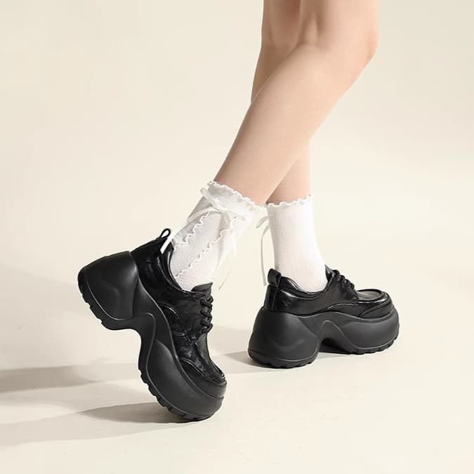 【光沢×美脚×クラシカル】+5.0cm厚底＋レースアップローファー