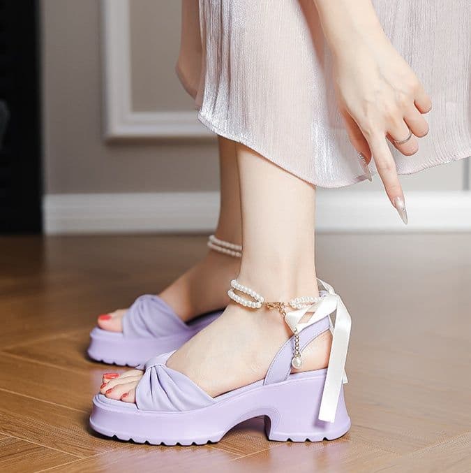 【リボンデザイン × 真珠風ストラップ × 厚底5cm】厚底通気性サンダル