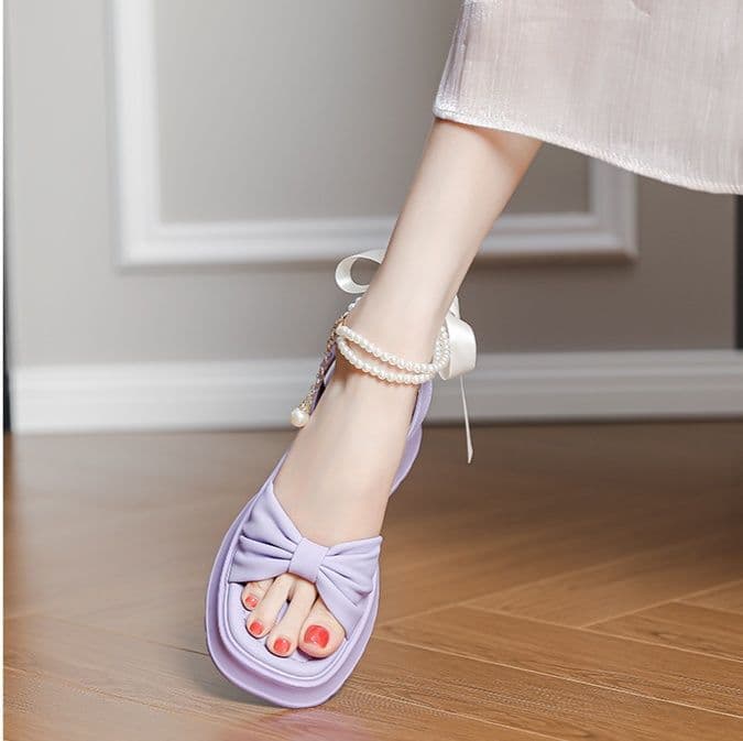 【リボンデザイン × 真珠風ストラップ × 厚底5cm】厚底通気性サンダル