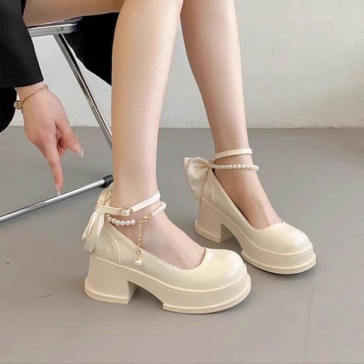 【パールチェーン × ストラップ付き × 厚底7cm】厚底リボンパンプス
