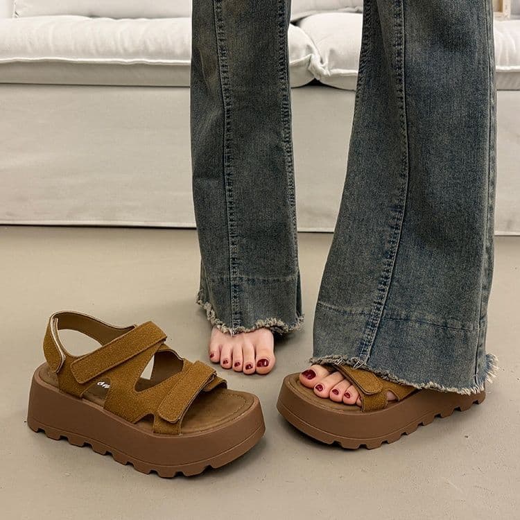 【スエード素材 × 凹凸ソール × 厚底7cm】厚底クッション性サンダル