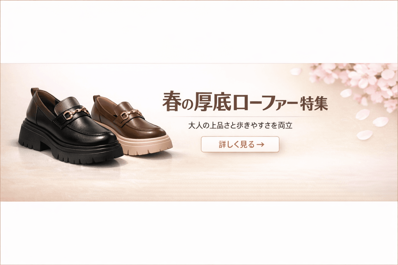 春の厚底ローファー特集バナー（大人の上品さと歩きやすさを両立）