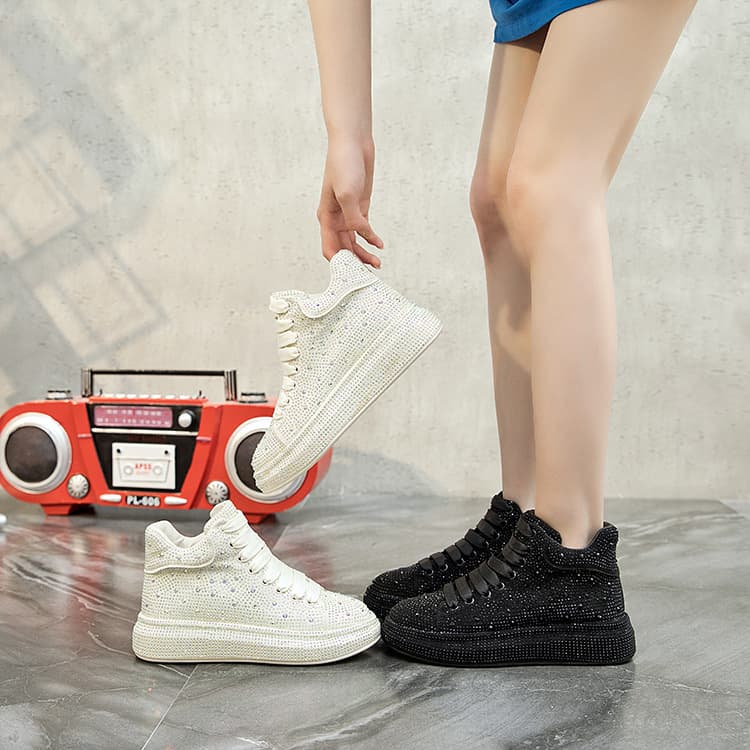 【ラインストーン×上品×韓国系】+5cm厚底ラインストーンスニーカー｜2色展開・26.5cm対応