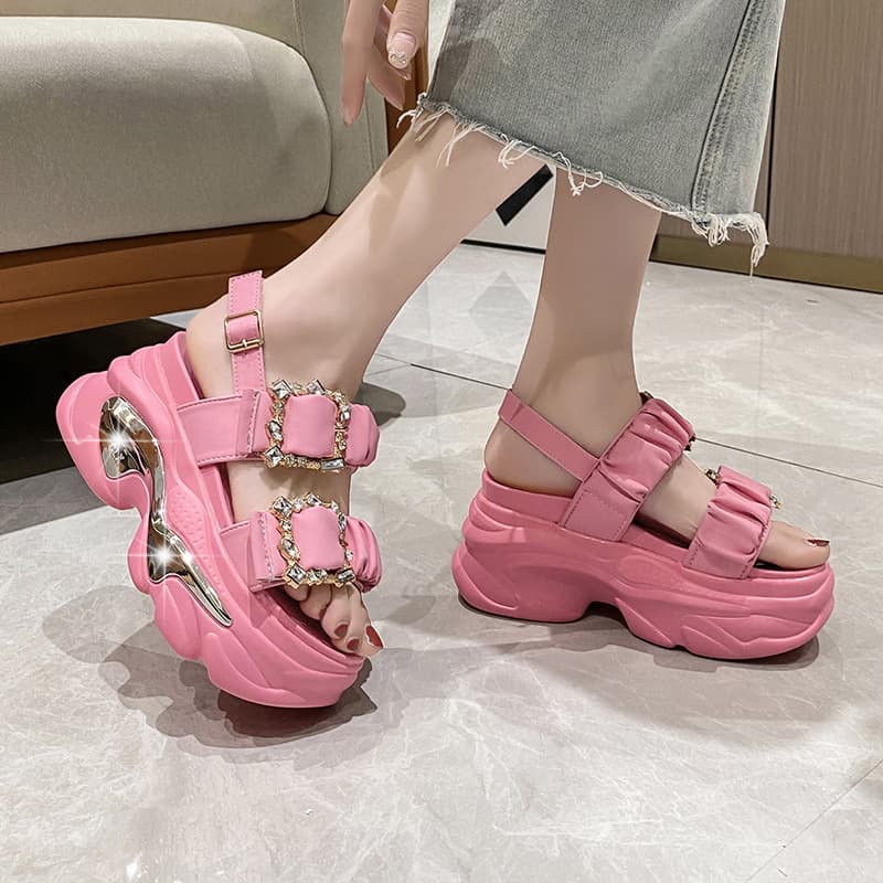 【宝石風バックル×波型デザイン×厚底9.0cm】厚底軽量サンダル