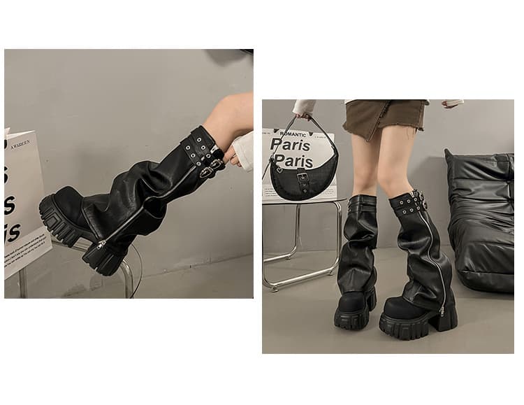 【二重ベルト×シャドウ厚底×サイドジッパー】5.0cm厚底ブーツ