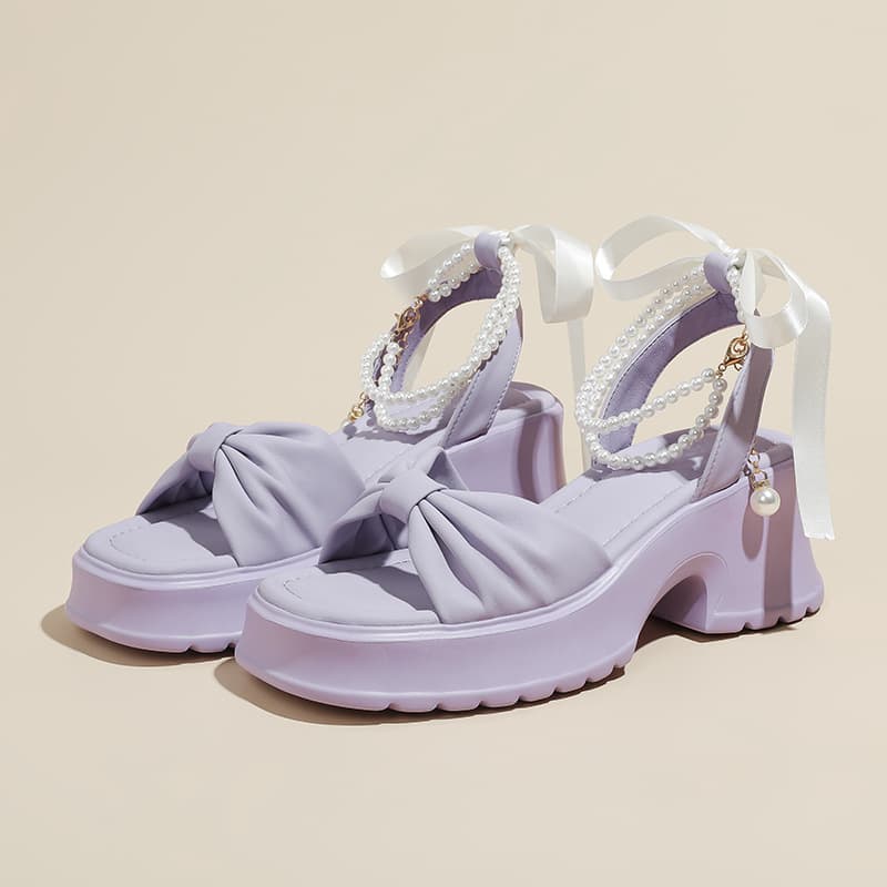 【リボンデザイン × 真珠風ストラップ × 厚底5cm】厚底通気性サンダル