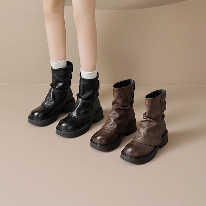 【アンティーク×厚底5cm】後ろジップショートブーツ｜柔らか革×毎日快適