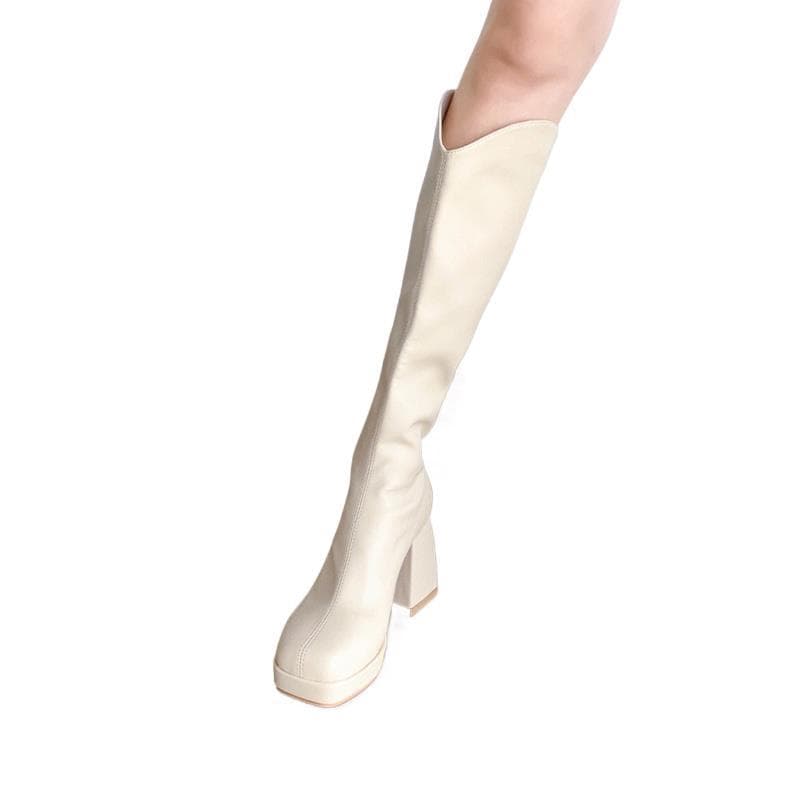 【スクエアトゥ×チャンキーヒール×厚底8.0cm】厚底保温ブーツ