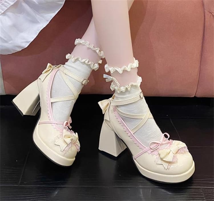 【リボン×ストラップ×可愛い】+9cm厚底 スタイルアップパンプス