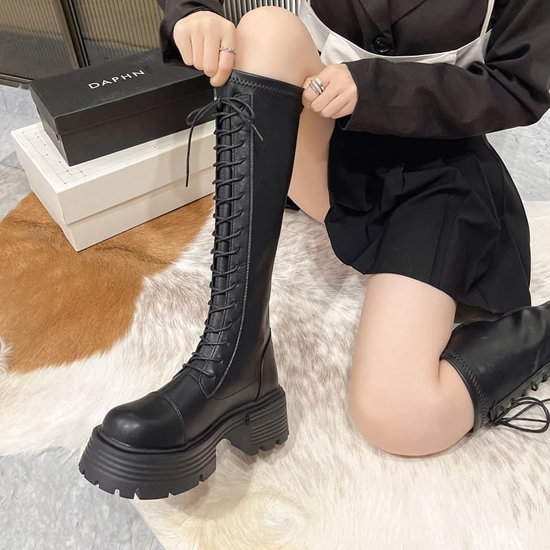 【膝上レースアップ×脚長効果×韓国系】6.5cm厚底ブーツ