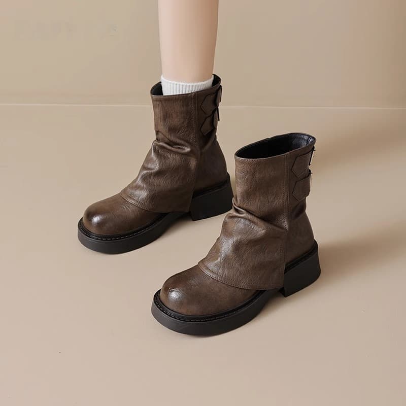 【アンティーク×厚底5cm】後ろジップショートブーツ｜柔らか革×毎日快適