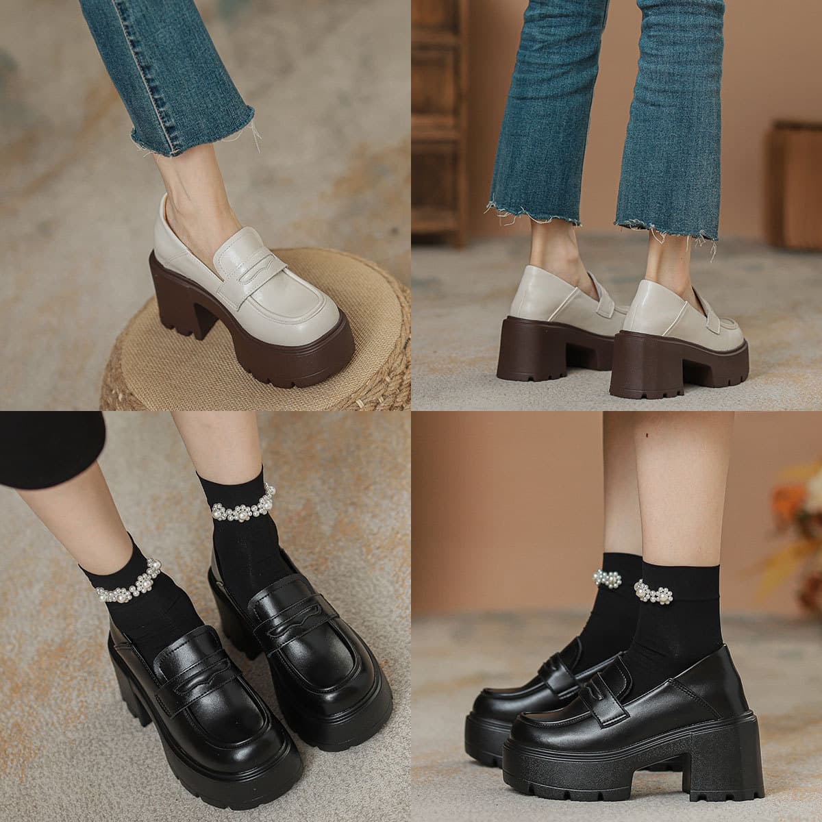 【小花モチーフ×エナメル風ツヤ×クラシカル系】+9cm厚底脚長ローファー