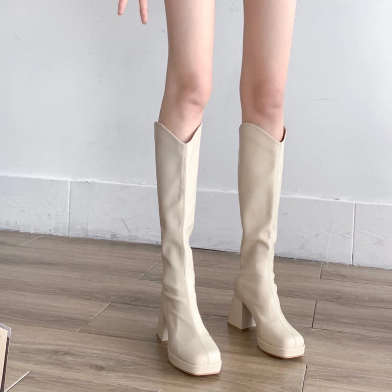 【スクエアトゥ×チャンキーヒール×厚底8.0cm】厚底保温ブーツ