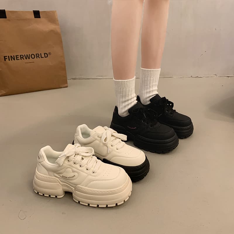 【高反発クッション×スポーティ快適×韓国系】+5.5cm厚底クッションスニーカー｜ブラック/ベージュ/ホワイト・25.5cm対応｜妊婦さん・ウォーキングにも快適