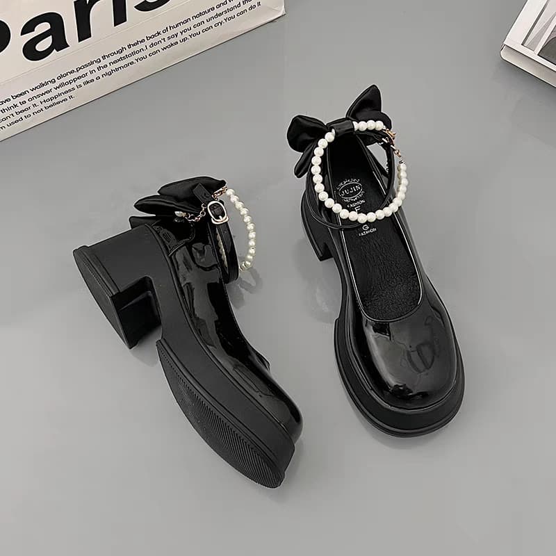 【パールチェーン × ストラップ付き × 厚底7cm】厚底リボンパンプス