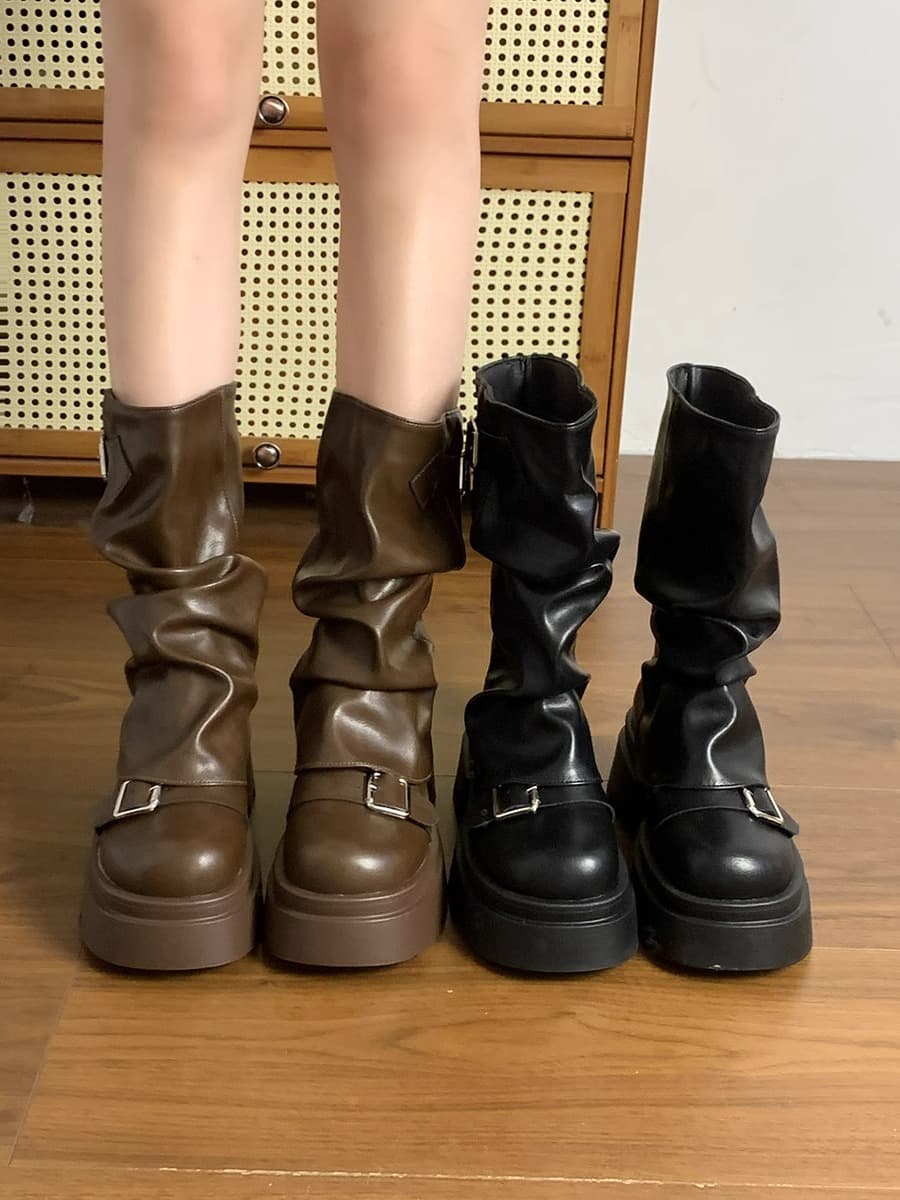 【厚底5cm×ゆる履き口】バックル付きミドルブーツ｜こなれ感×脚長シルエット