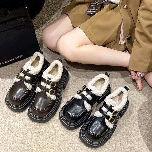 裏ボア厚底ローファー二連ストラップ美脚効果レディース靴