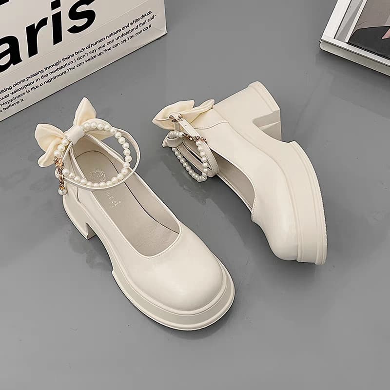 【パールチェーン × ストラップ付き × 厚底7cm】厚底リボンパンプス