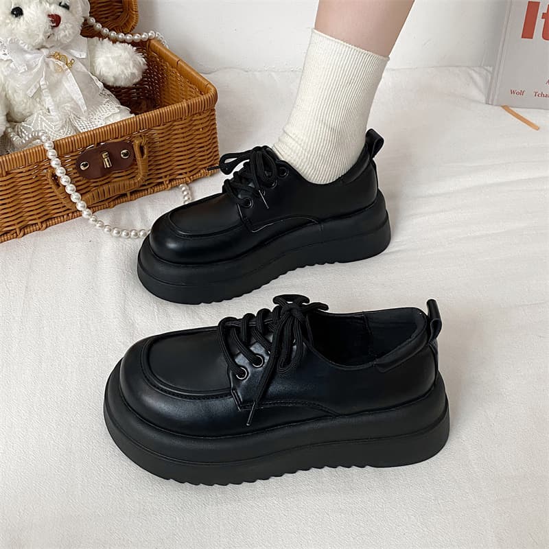 【耐久性素材 × レースアップ × 厚底6.5cm】厚底クラシックローファー