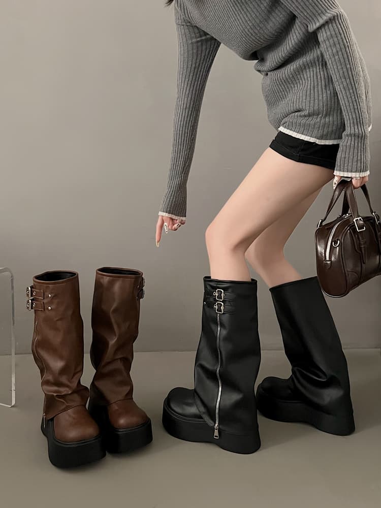 【厚底8cm×ロング丈】ジッパー＆バックルブーツ｜脚長×安定×ブティック仕様