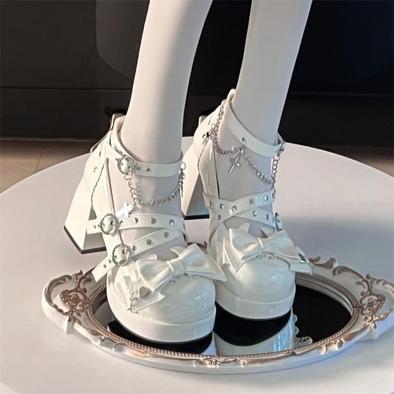 【厚底×リボン×チェーンストラップ】姫風ローファー｜4色展開・24.5cm対応