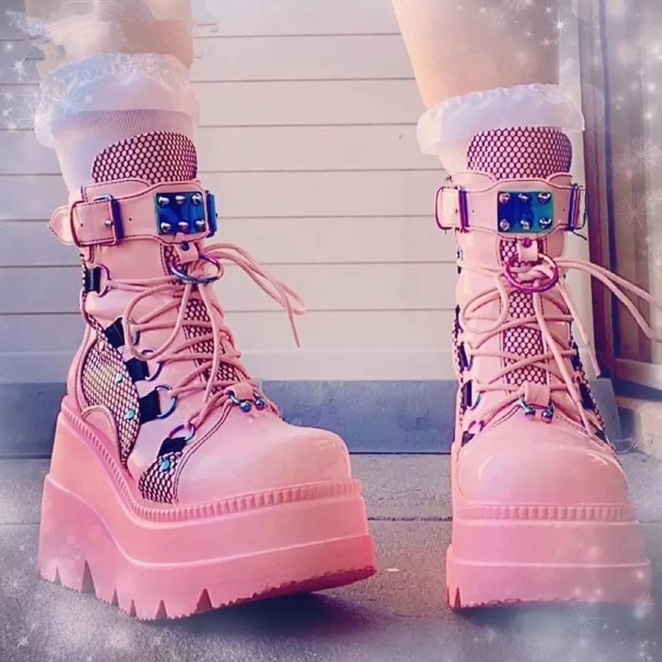 【編み上げ×バックル×ストリート系】+8ｃｍ厚底ハイカットデザインタイプブーツ