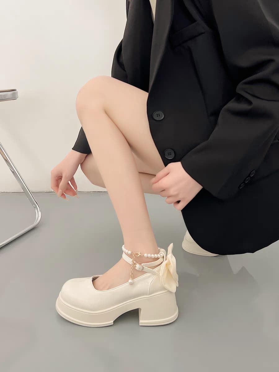 【パールチェーン × ストラップ付き × 厚底7cm】厚底リボンパンプス