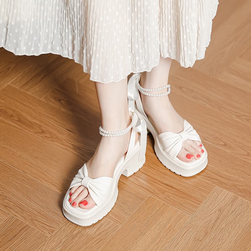 【リボンデザイン × 真珠風ストラップ × 厚底5cm】厚底通気性サンダル