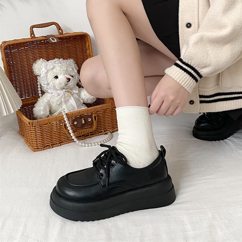 【耐久性素材 × レースアップ × 厚底6.5cm】厚底クラシックローファー