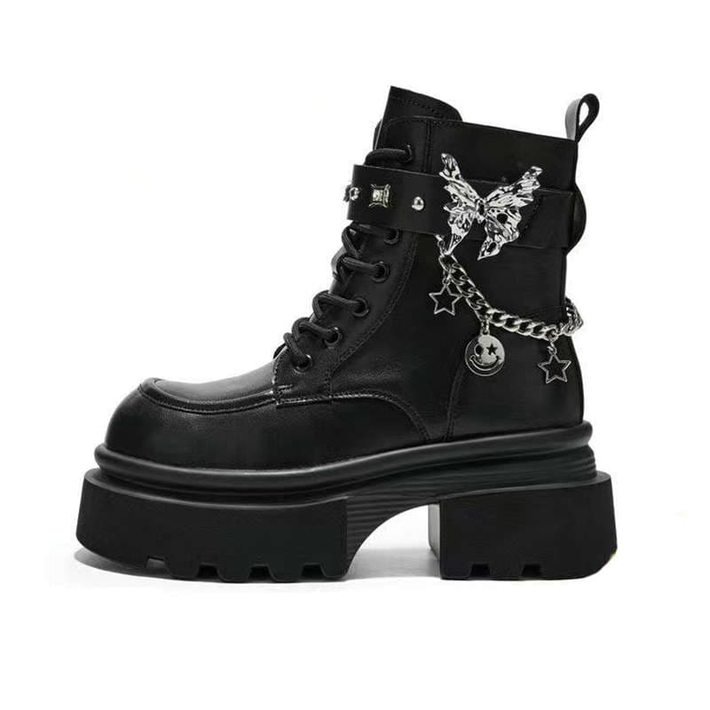 【厚底×チェーン×ガーリー装飾】蝶モチーフブーツ｜5.5cmヒール・2色展開