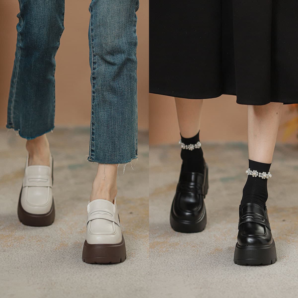 【小花モチーフ×エナメル風ツヤ×クラシカル系】+9cm厚底脚長ローファー