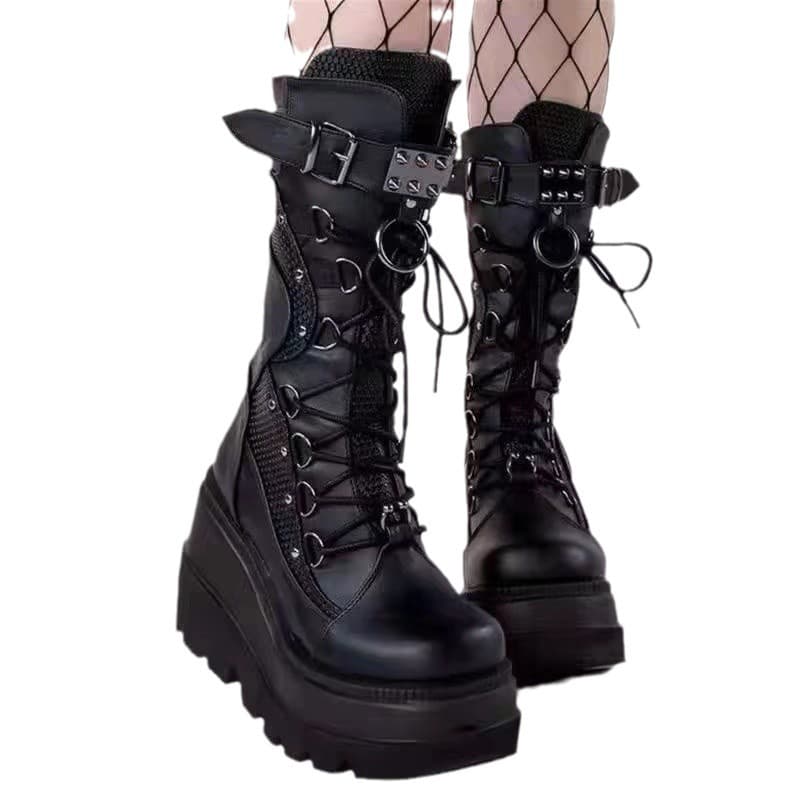 【編み上げ×バックル×ストリート系】+8ｃｍ厚底ハイカットデザインタイプブーツ
