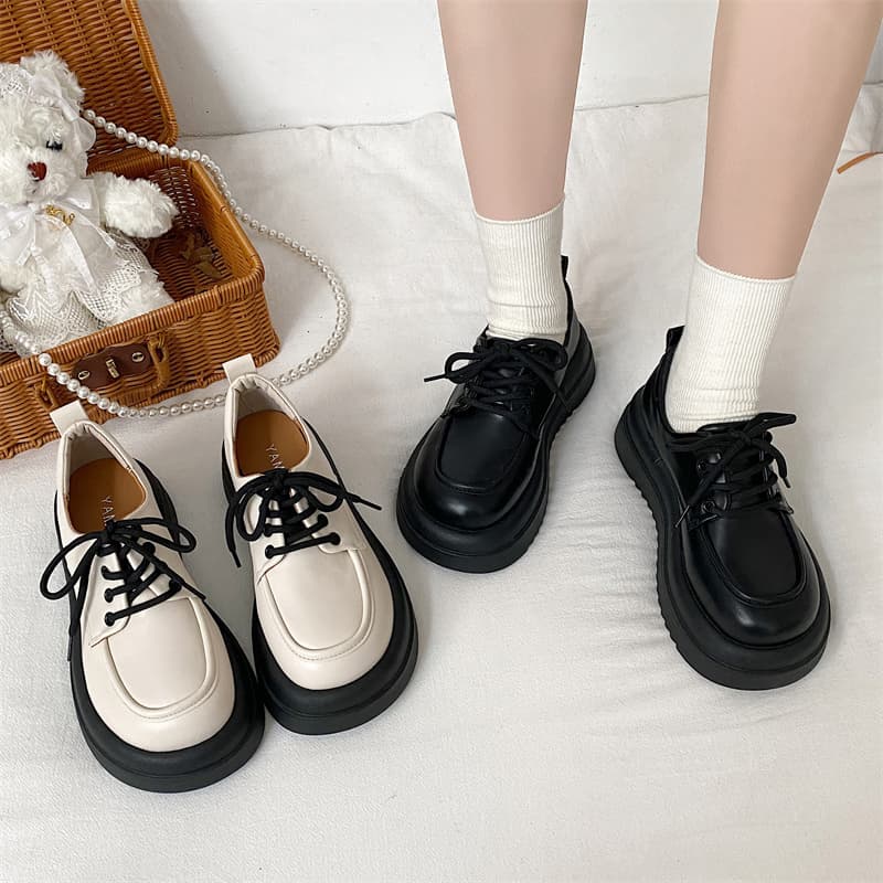 【耐久性素材 × レースアップ × 厚底6.5cm】厚底クラシックローファー