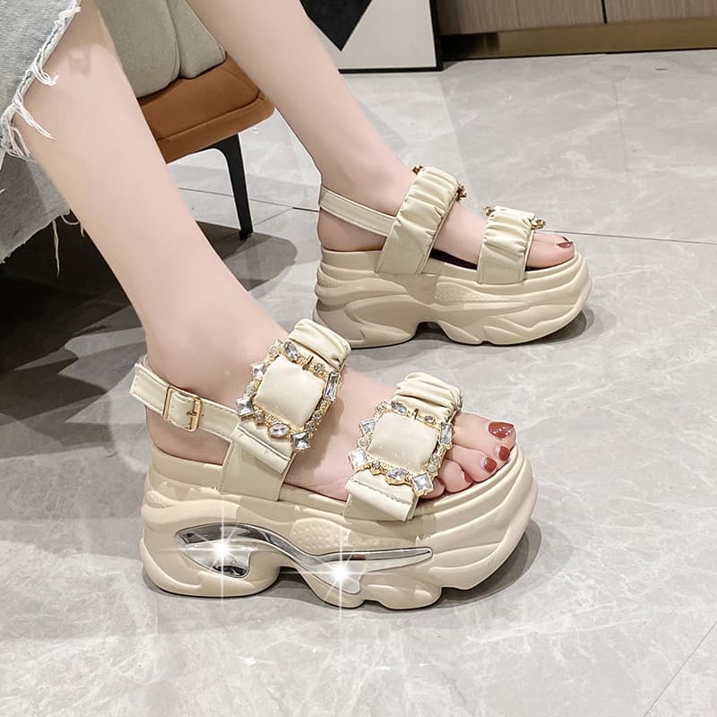 【宝石風バックル×波型デザイン×厚底9.0cm】厚底軽量サンダル