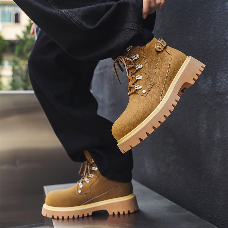 【レトロデザイン × 通気性アッパー × 異素材MIX】+5.5cm厚底 メンズハイカットブーツ