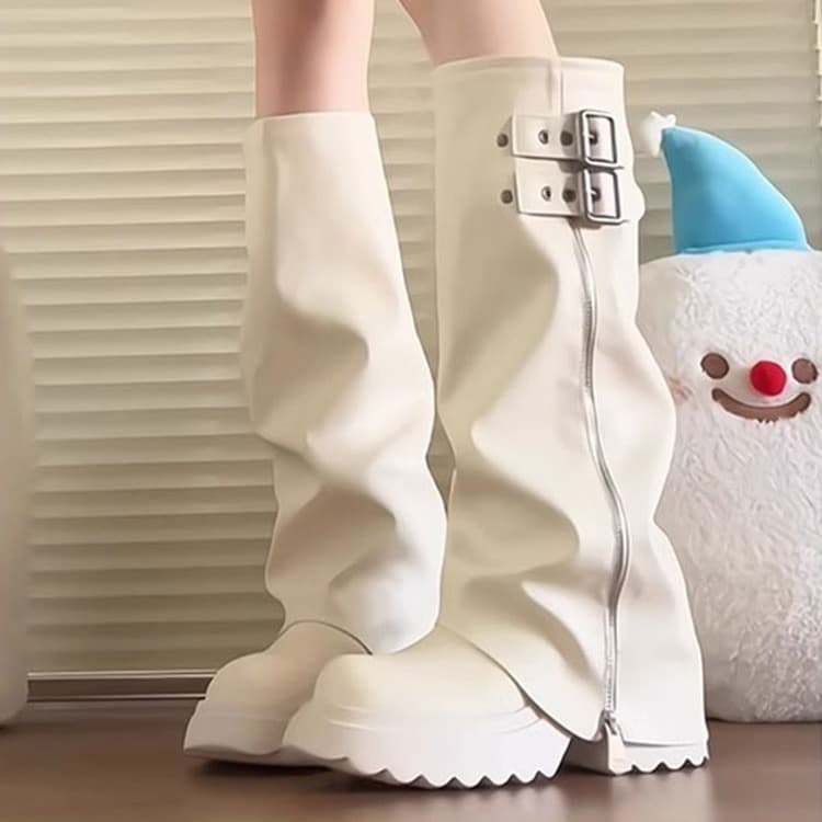 ベルト×ジッパー厚底ロングブーツ|シワ加工×波デザインで個性派スタイルに