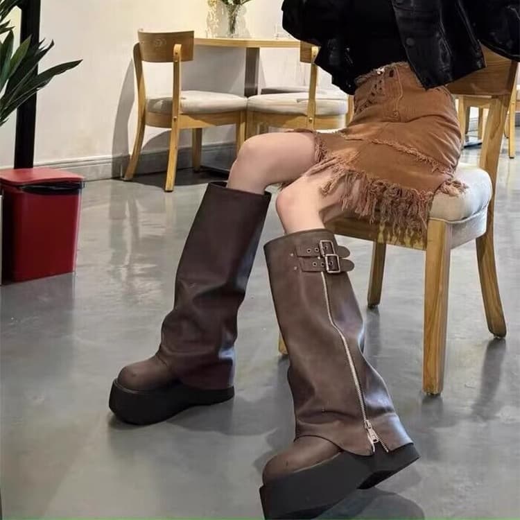 【厚底8cm×ジップ×バックル】スタイル映えロングブーツ|脚長×実用性◎