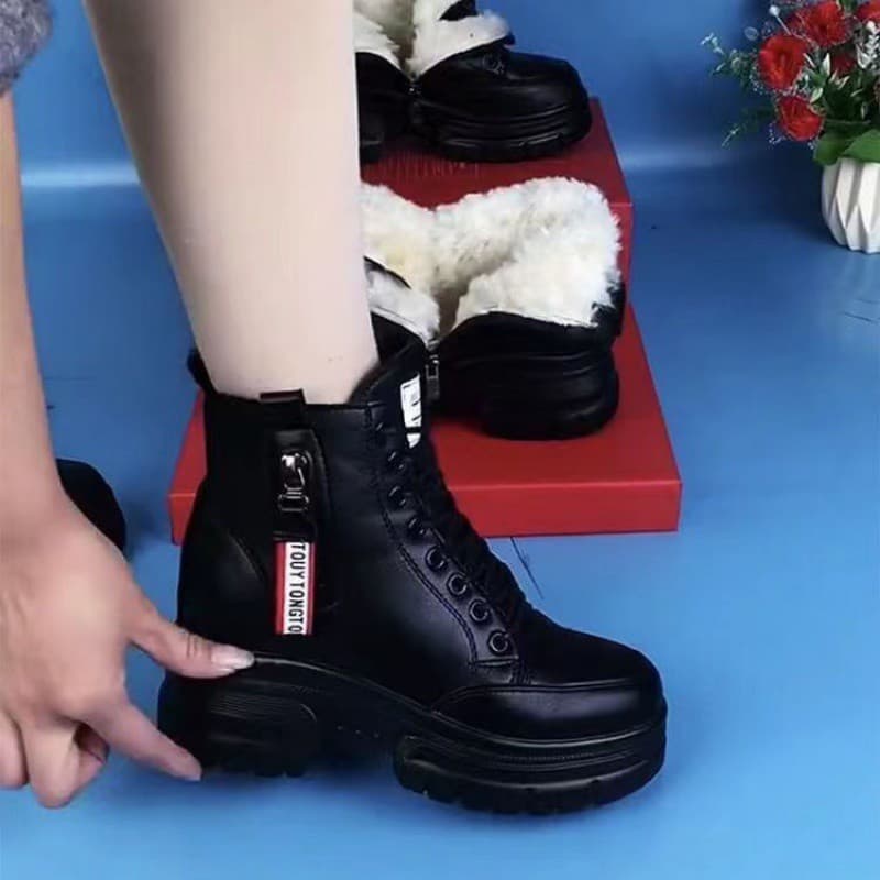 【厚底×内ボア×編み上げ】+5cm防寒ショートブーツ|サイドジップ・2色展開・25.5cm対応