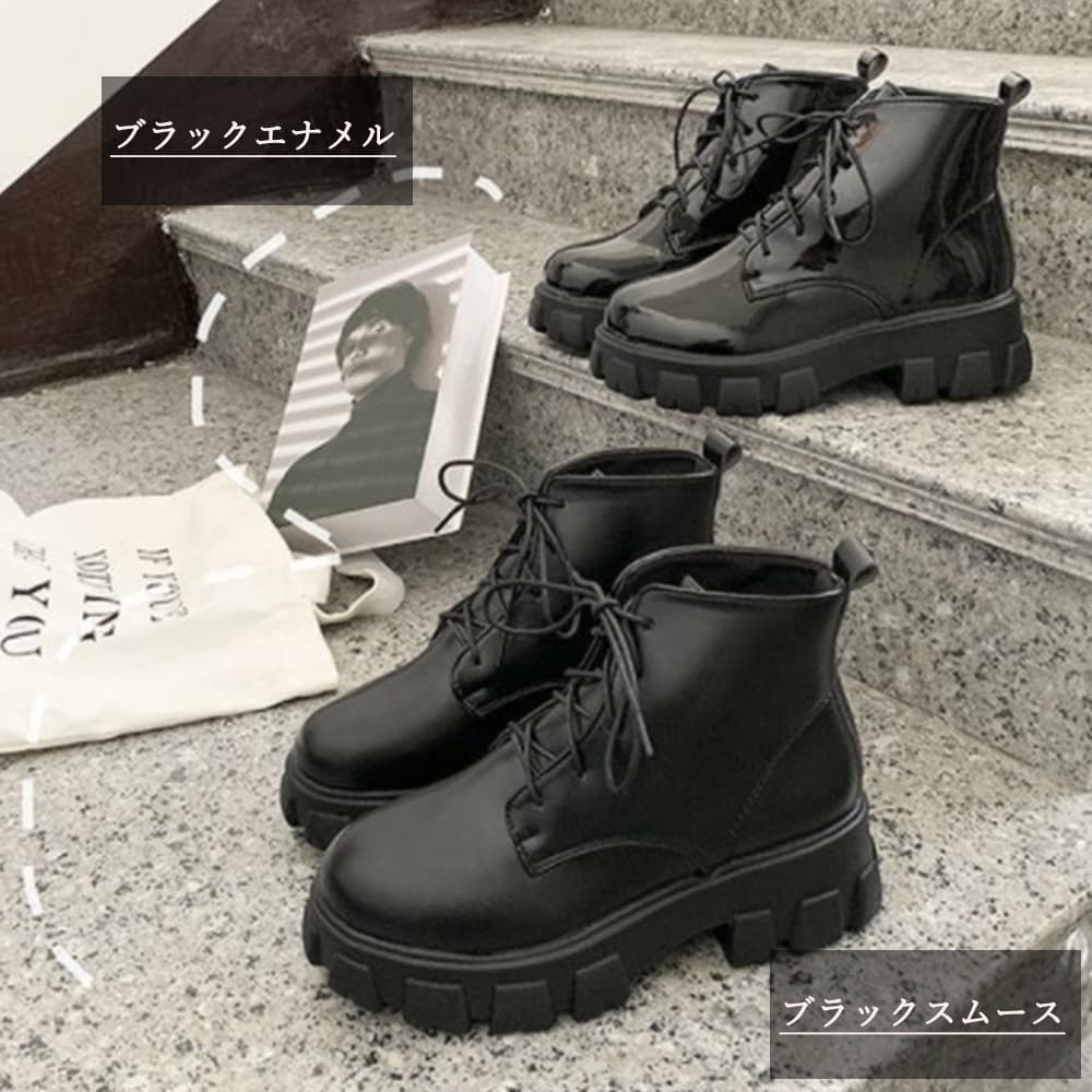 【高見え×軽量】厚底編み上げショートブーツ|5cmヒール×3.2cmストーム×韓国風