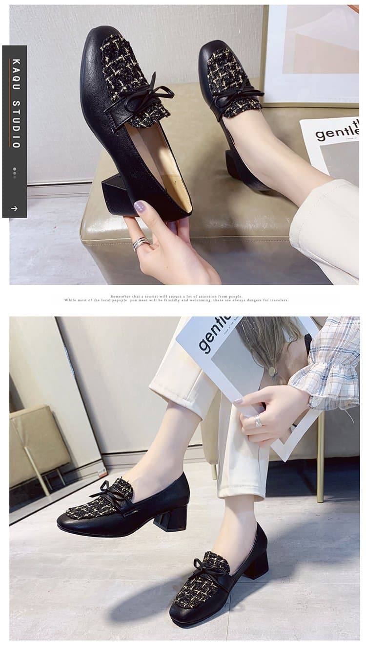 【美脚・脚長】ツイード風 厚底パンプス(5cmチャンキーヒール・歩きやすい)レディース
