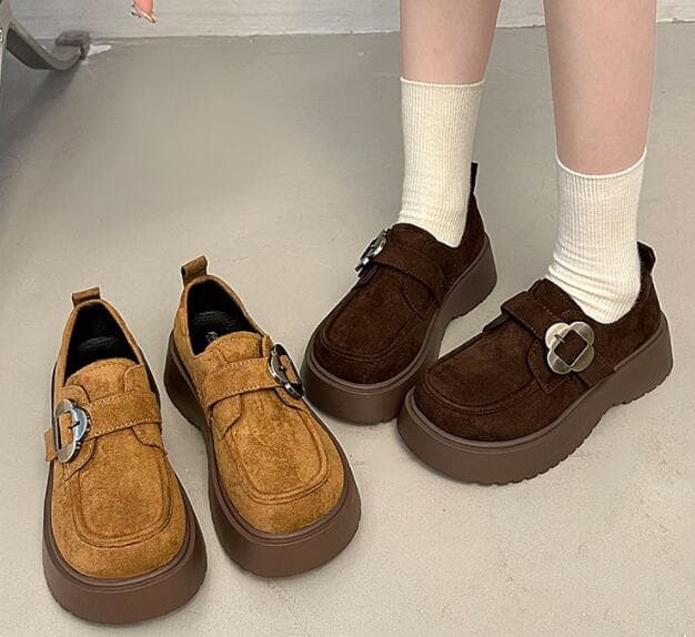 秋冬厚底パンプス金属バックル付きローファー靴
