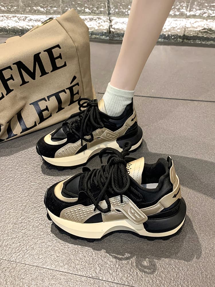 【異素材ミックス×通気性×韓国ストリート】+6cm厚底 脚長 スニーカー