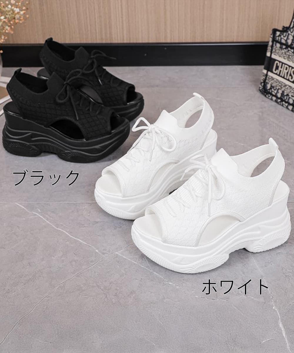 【韓国風×ニットレースアップ×夏映え】8.5cm厚底サンダル