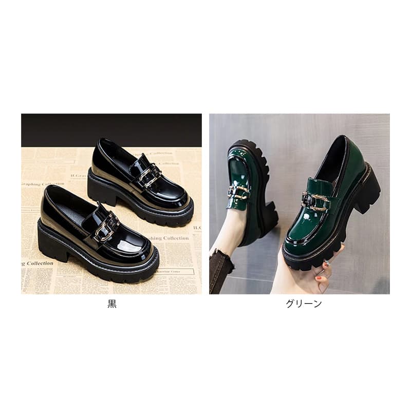 【艶エナメル×上品バックル×美脚シルエット】+5cm厚底 エナメルローファー
