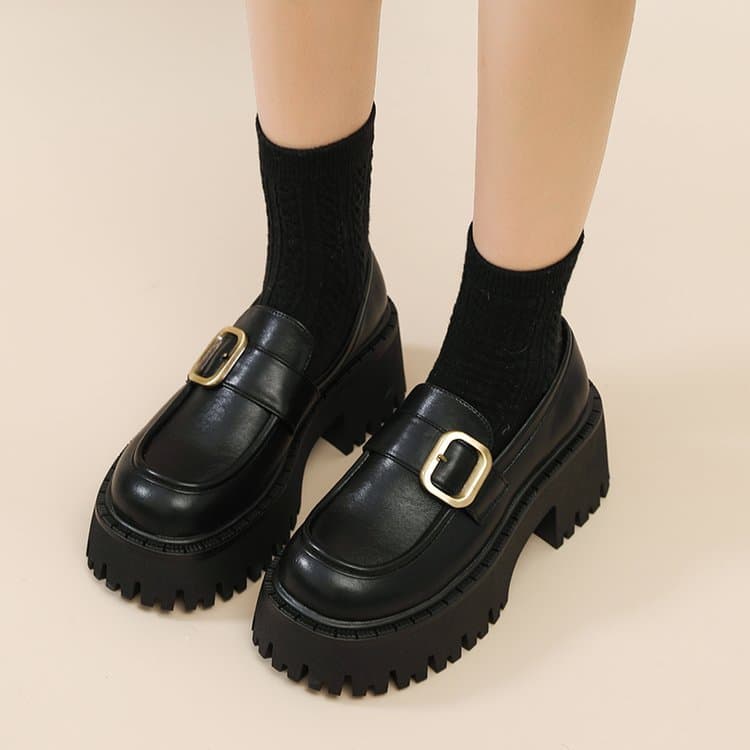 【バックルデザイン×高校生向け×3シーズン快適】5.5cm厚底ローファー
