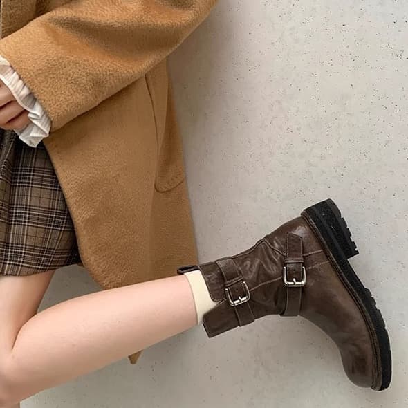 【二重バックル×本革仕様×韓国系】4.5cm厚底ブーツ