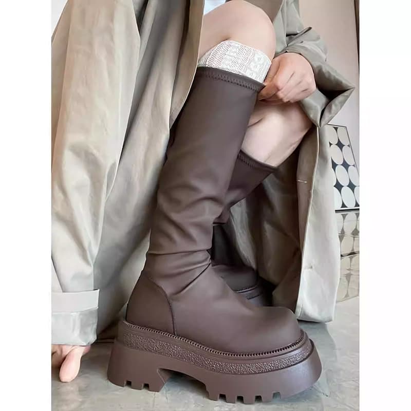 【厚底8cm×ニットカフス】ジッパー付きロングブーツ|脚長×安定×秋冬映え
