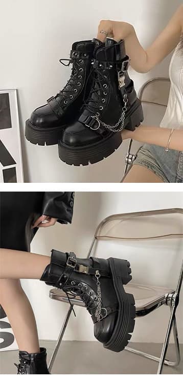 チェーン装飾×裏起毛|厚底ミドルブーツ